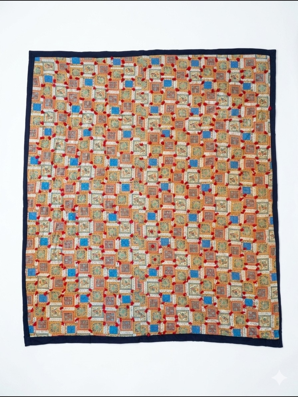 Bohemian Vintage 70s Tied Quilt Comforter  Psychedelic Patchwork W/ Navy Plush